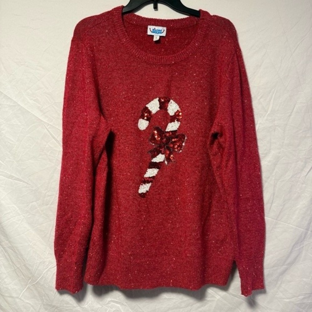 Rockin Around Womens Red Candy Cane Sequin Christmas Sweater Large 314947
